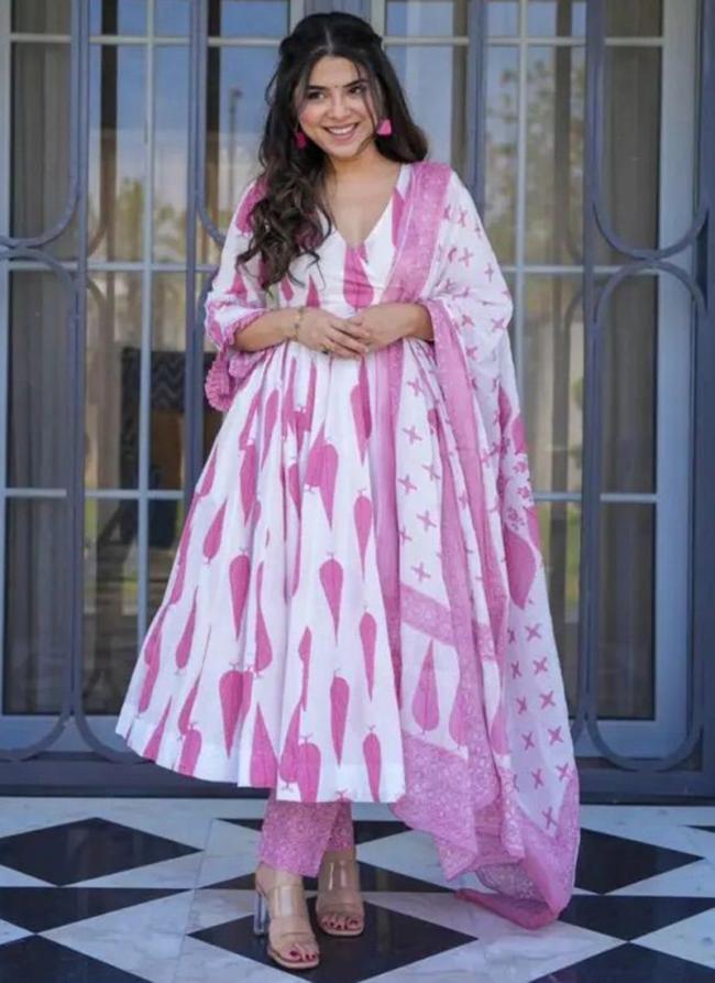 Cotton Pink Traditional Wear Printed Readymade Anarkali Suit